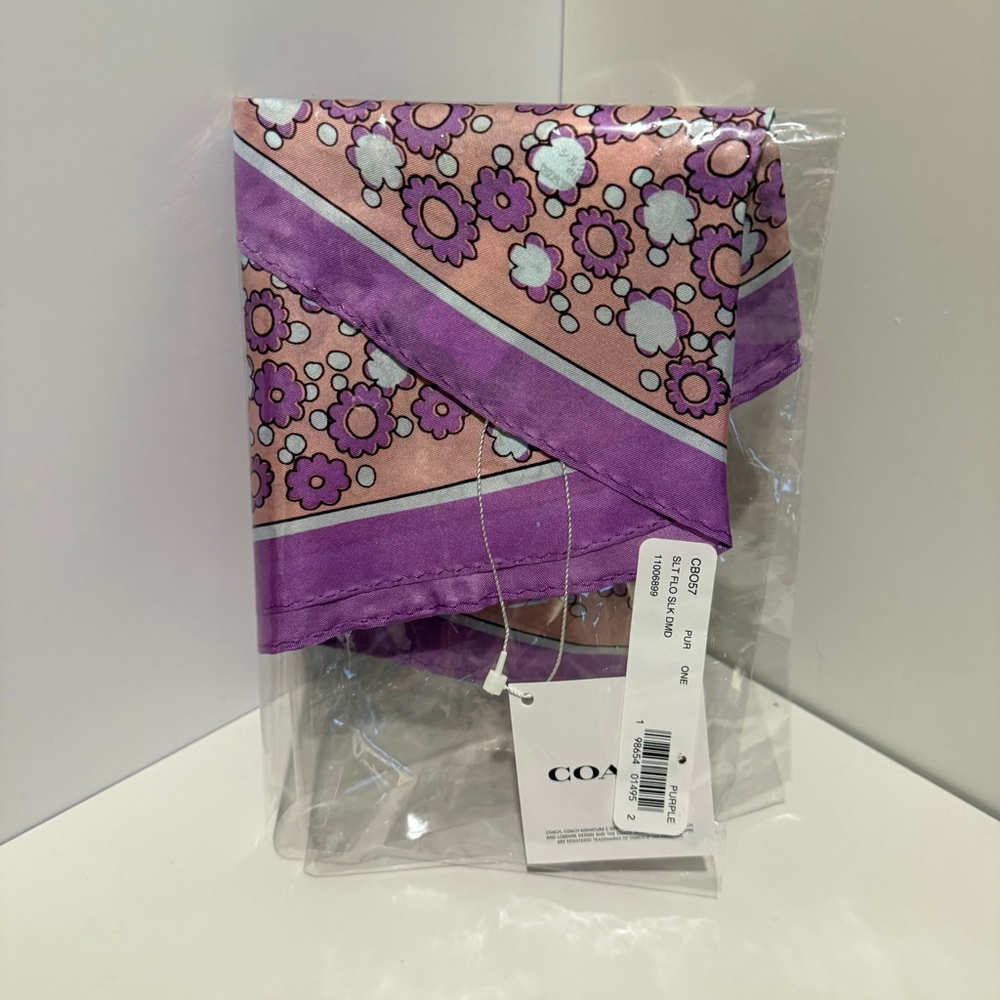 NEW Coach Floral Print Silk Diamond Scarf Purple CBO57 NWT